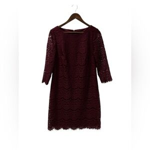 Jessica Howard Lace Knee Length 3/4 Sleeve Sheath Dress Wine Size 8 Romantic